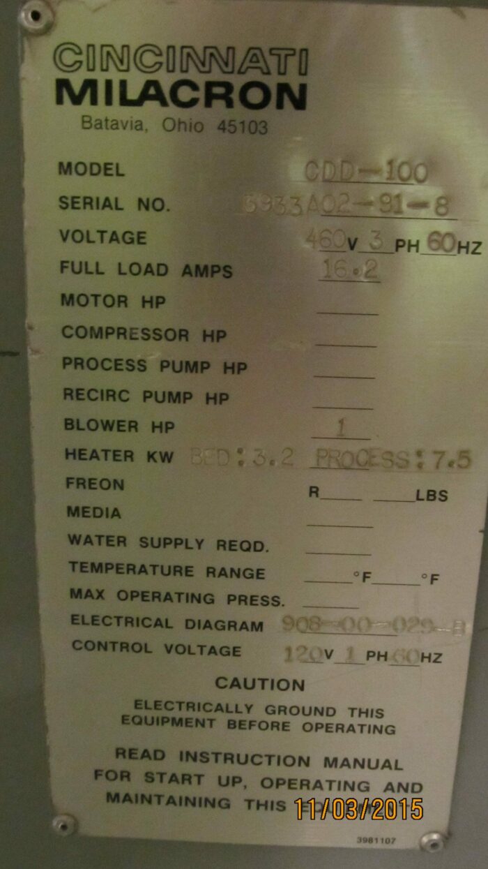 Dryer - 100lb/hr Cincinnati/Conair w/ Drying Hopper 3